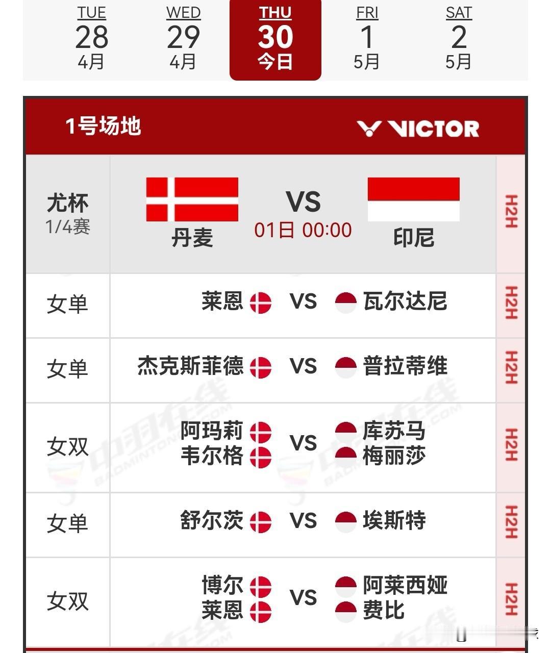 2026汤尤杯女团下半区1/4决赛对阵安排

刚刚，2026尤伯杯上半区1/4决