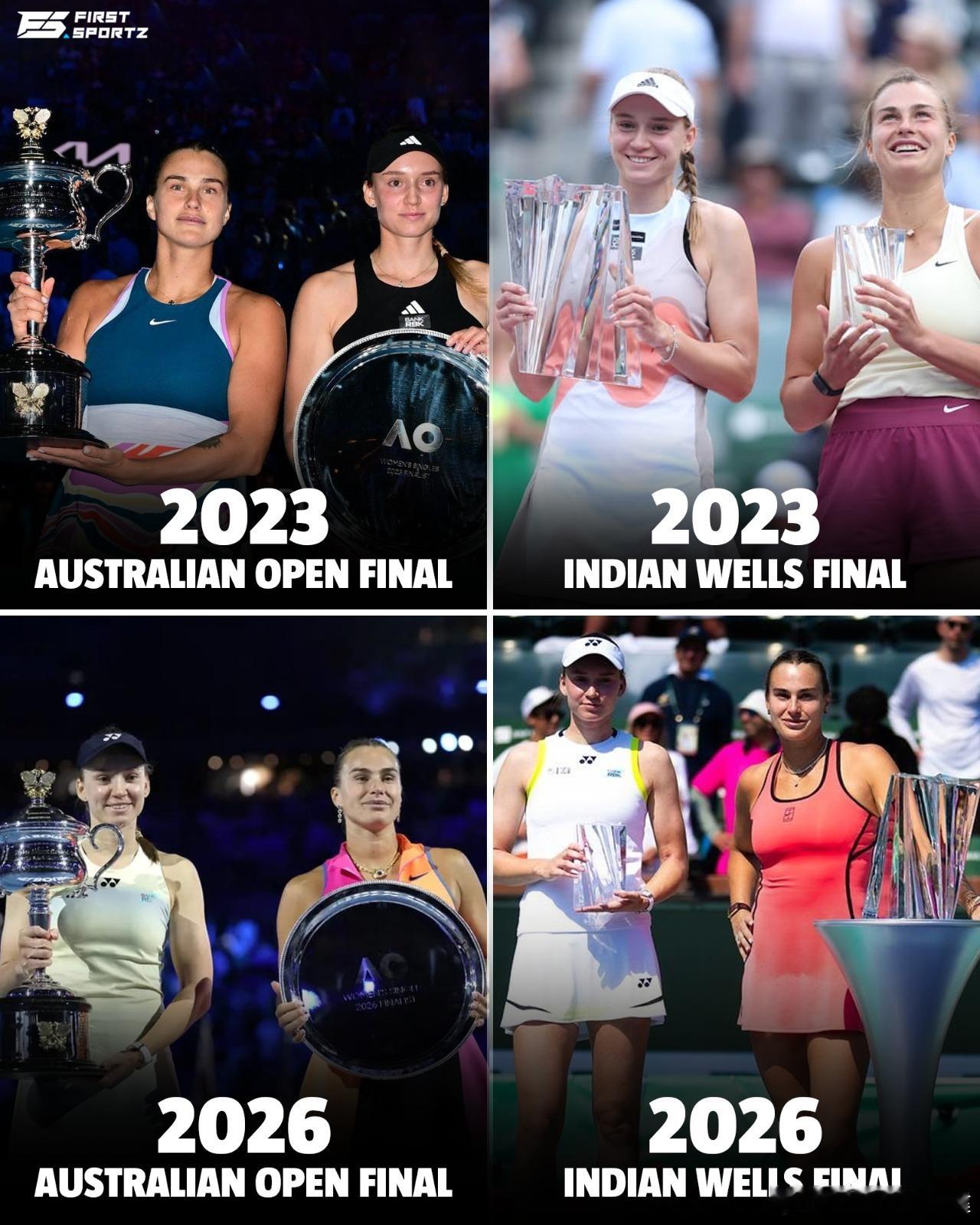 2023 澳网🇦🇺冠军：萨巴伦卡 🏆亚军：莱巴金娜🥈印第安维尔斯 🇺?