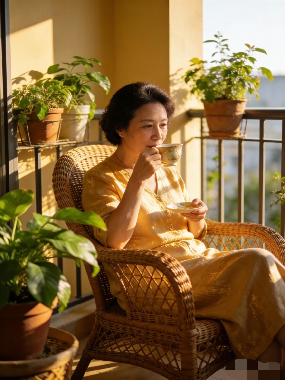 去看我妈，她一个人坐在阳台藤椅上喝茶，夕阳照在她身上，旁边摆着几盆她种的花，安安