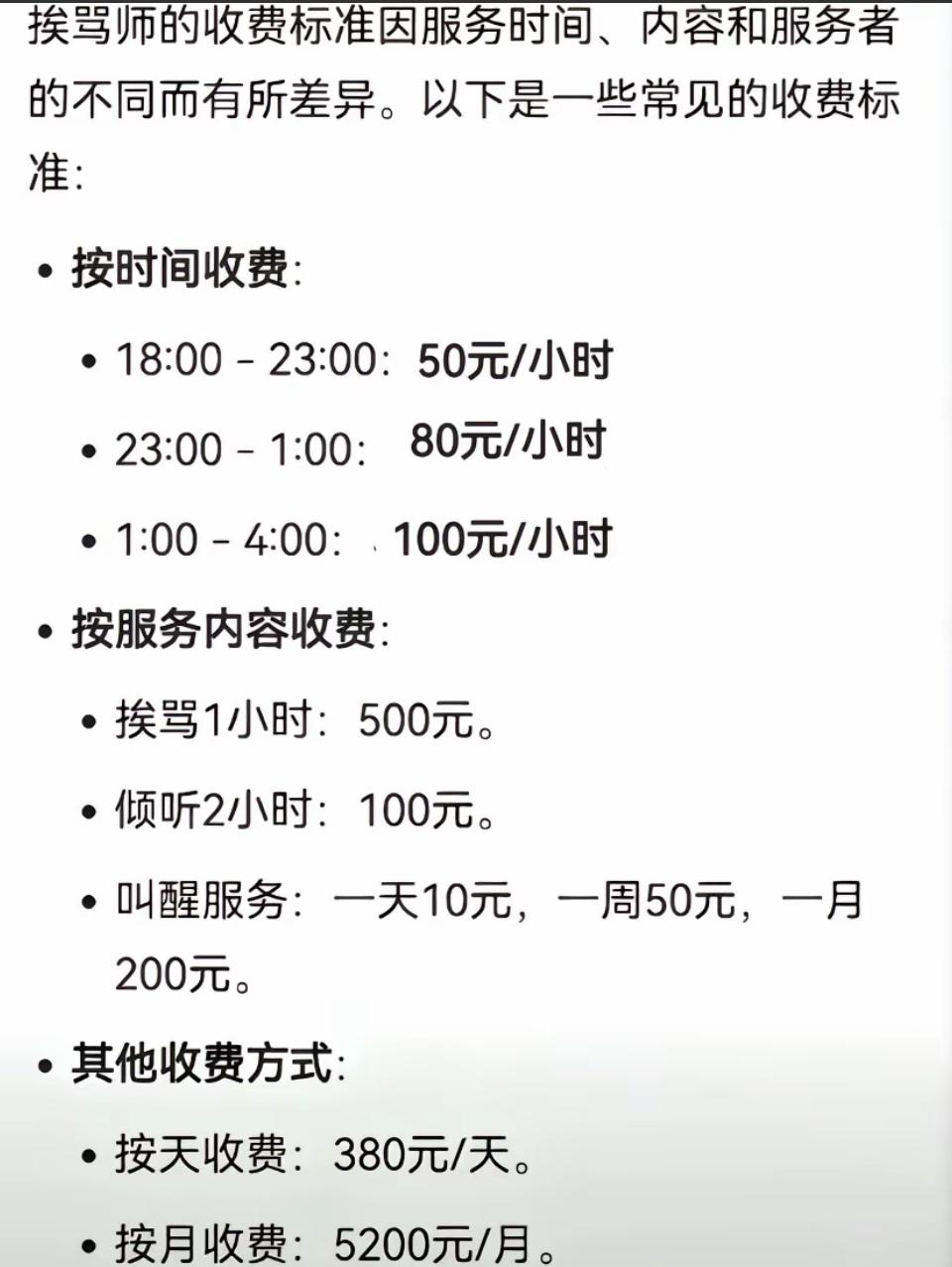 这张图是挨骂师的收费标准。没错
我就是挨骂师。内容只要不牵扯家人，其他随意骂。主