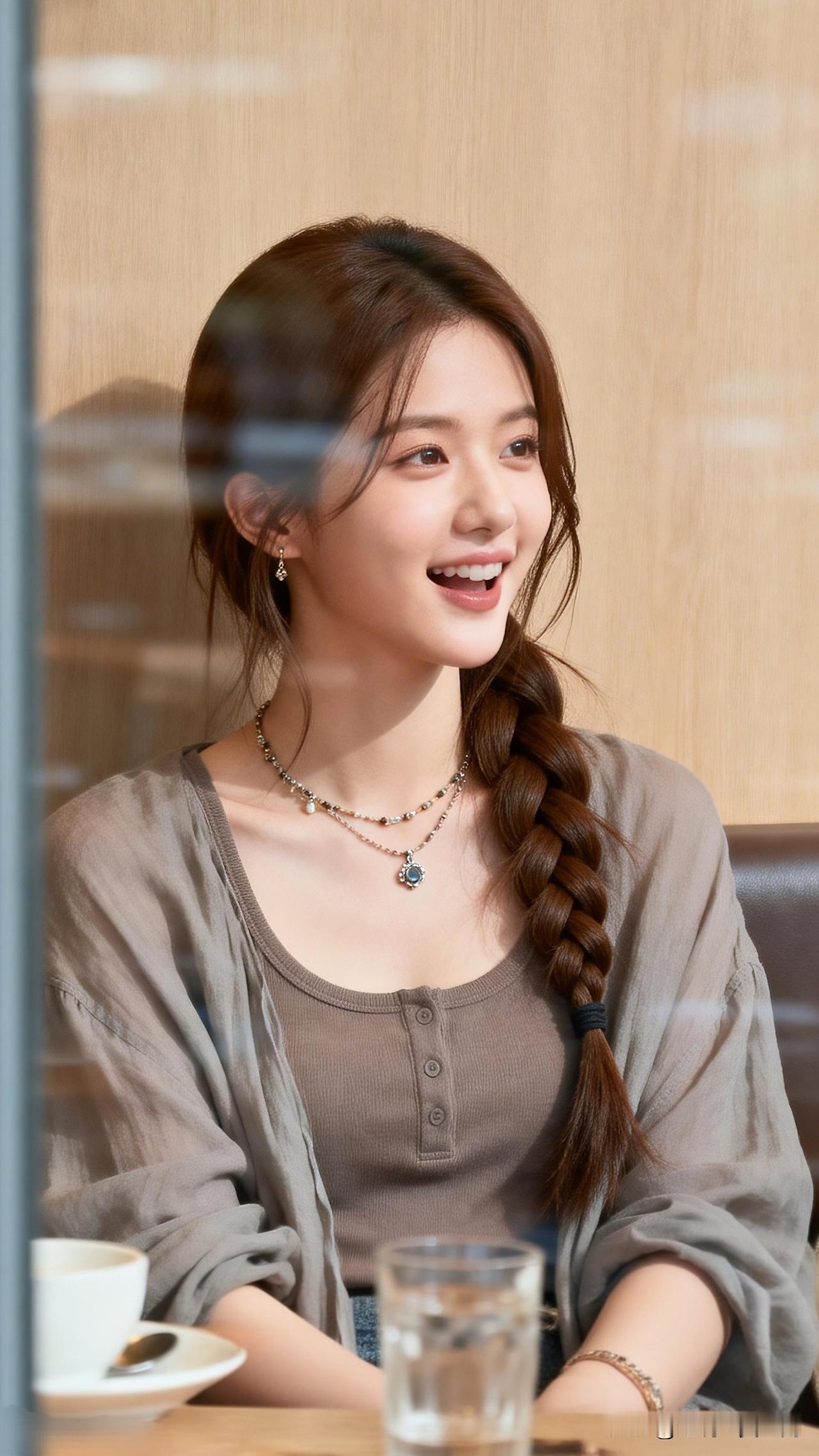 阳光下的咖啡时光，微笑的少女与咖啡相伴。你会拒绝一个爱笑的美女妹妹吗?