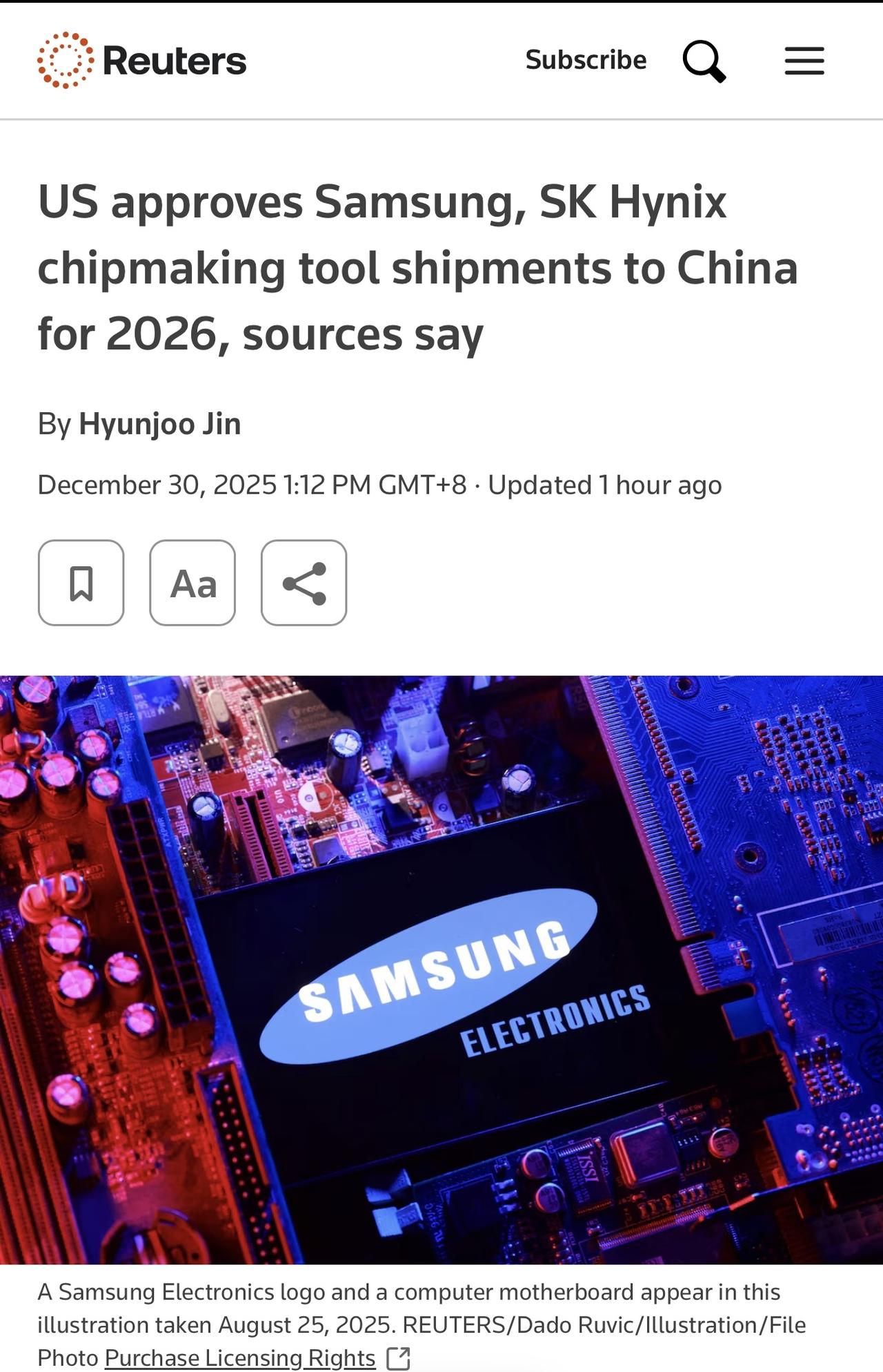 据消息人士透露，美国已批准三星和SK海力士向中国出货芯片制造工具，预计于2026