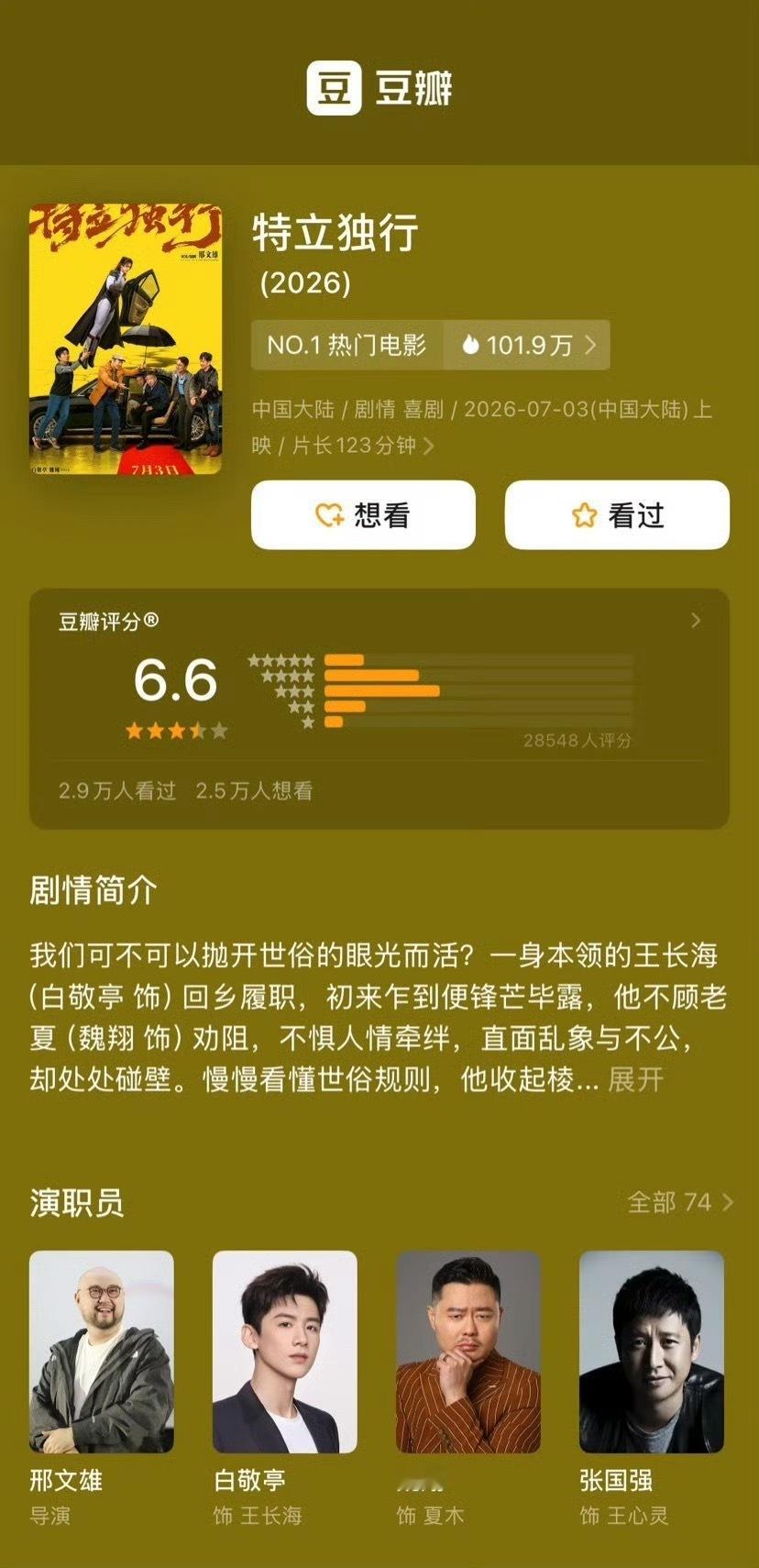 特立独行豆瓣6.6白敬亭、魏翔等主演的电影《特立独行》豆瓣开分6.6，截至目前累