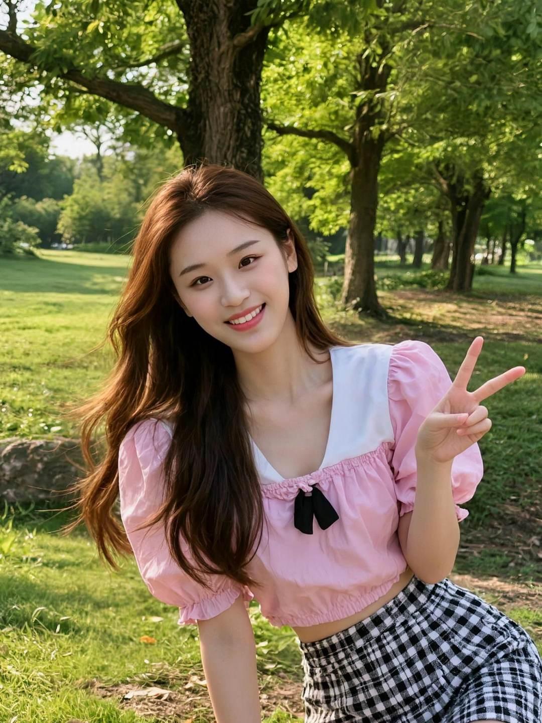 阳光洒在绿意盎然的草坪上，一位少女笑容灿烂，比着剪刀手，仿佛在说：“今天也是元气