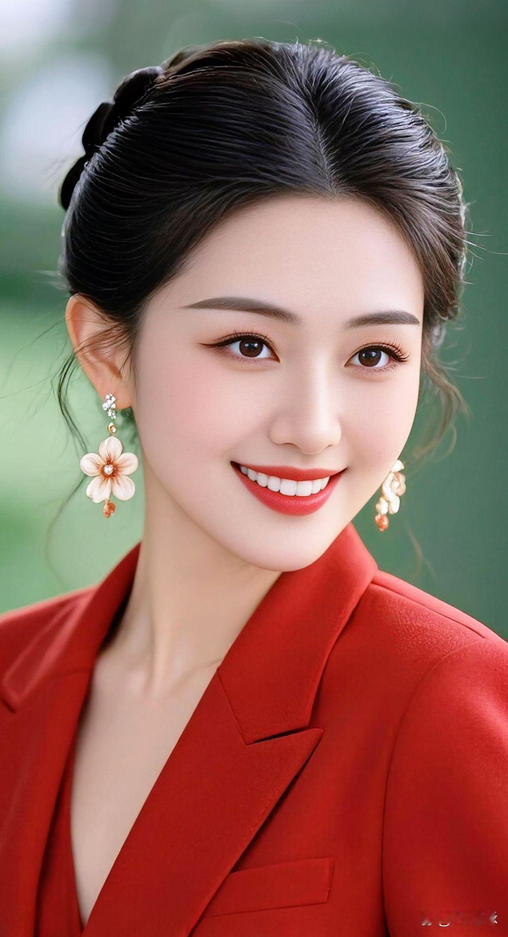 优雅红衣女郎，微笑如花绽放！🌸😊