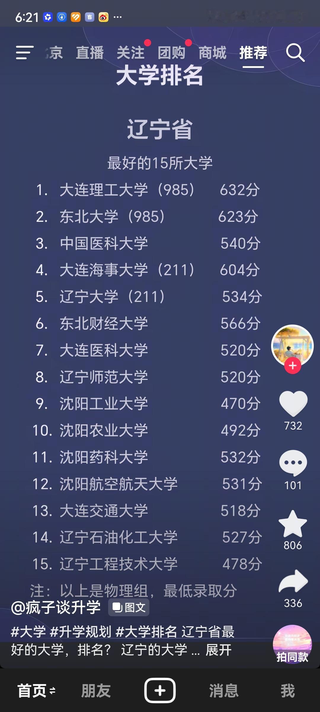 辽宁最好的15所大学排名及今年录取分数线
1989年在辽宁锦西一高中考大学时，班