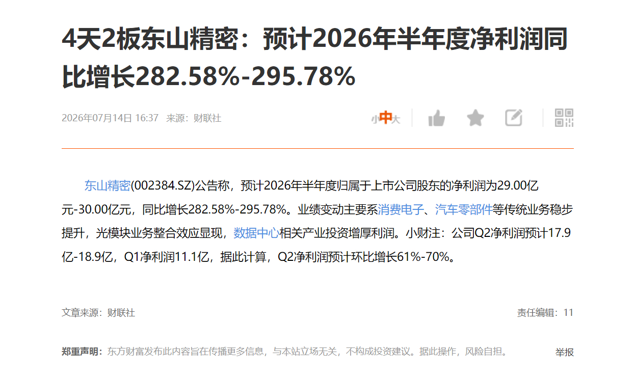 4天2板东山精密：预计2026年半年度净利润同比增长282.58%-295.78