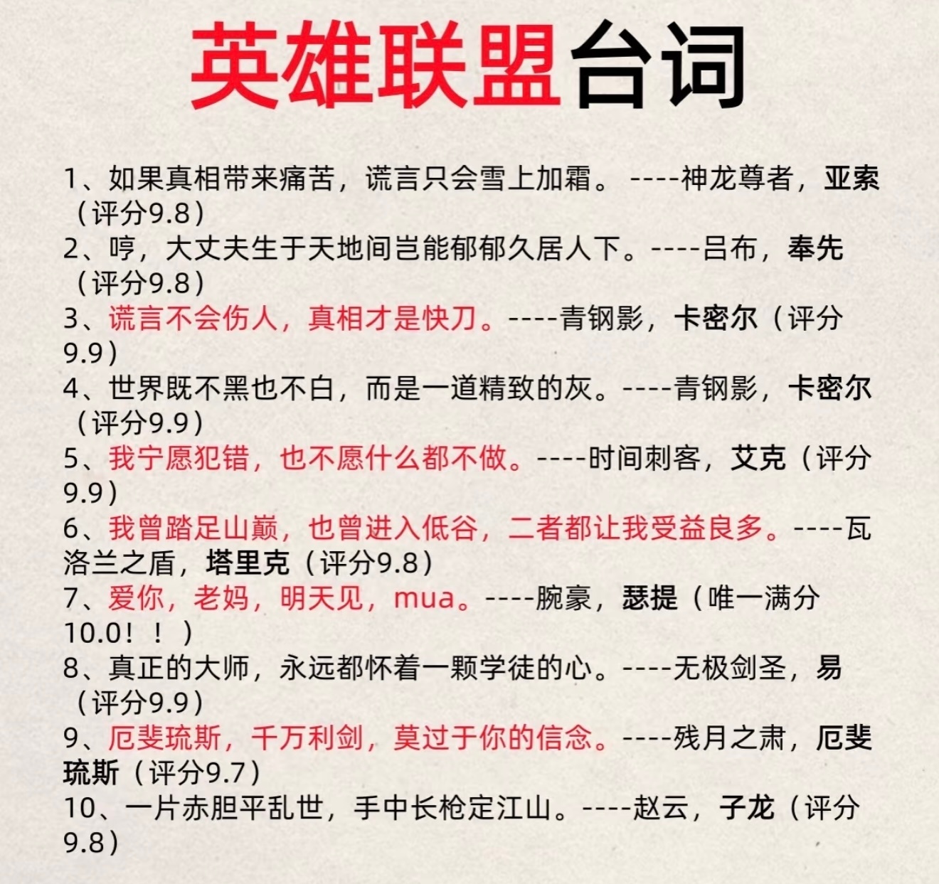 英雄联盟台词评分高分前10名（满分10分）英雄联盟 ​​​