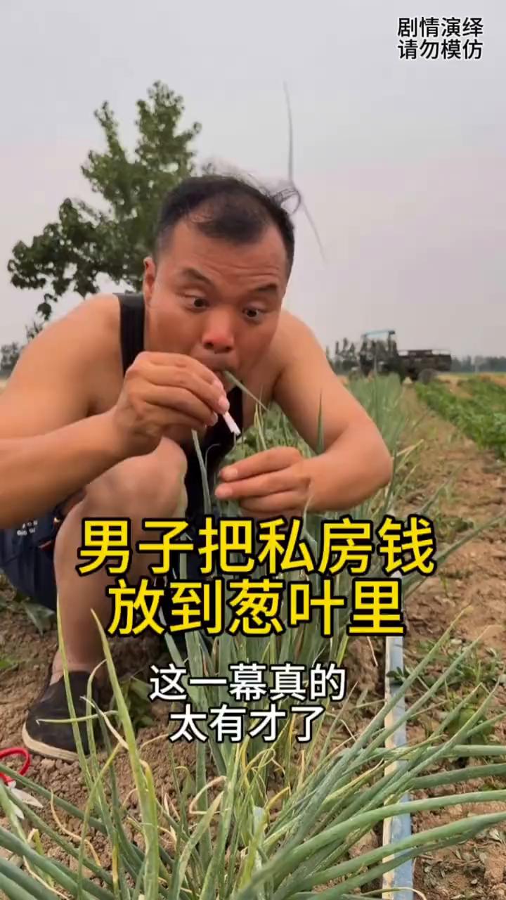 男子把私房钱放到葱叶里。
男子来到自己家菜园，然后他左顾右盼看四周没有人，于是他