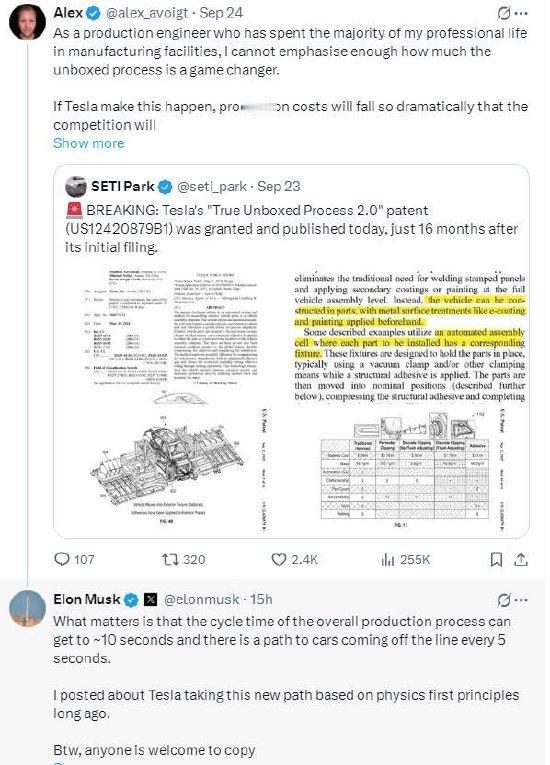 你认为生产一辆特斯拉需要多久？一个月？半个月？不，是5秒钟！[赞]
特斯拉申请的