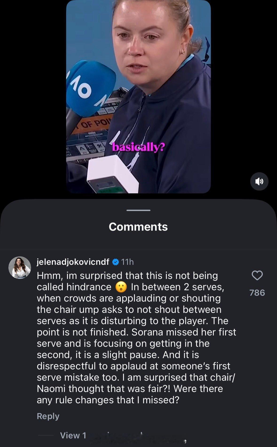 【伊莲娜·德约科维奇对于大坂直美事件发声】“我很惊讶主裁和大阪直美都觉得在第一发