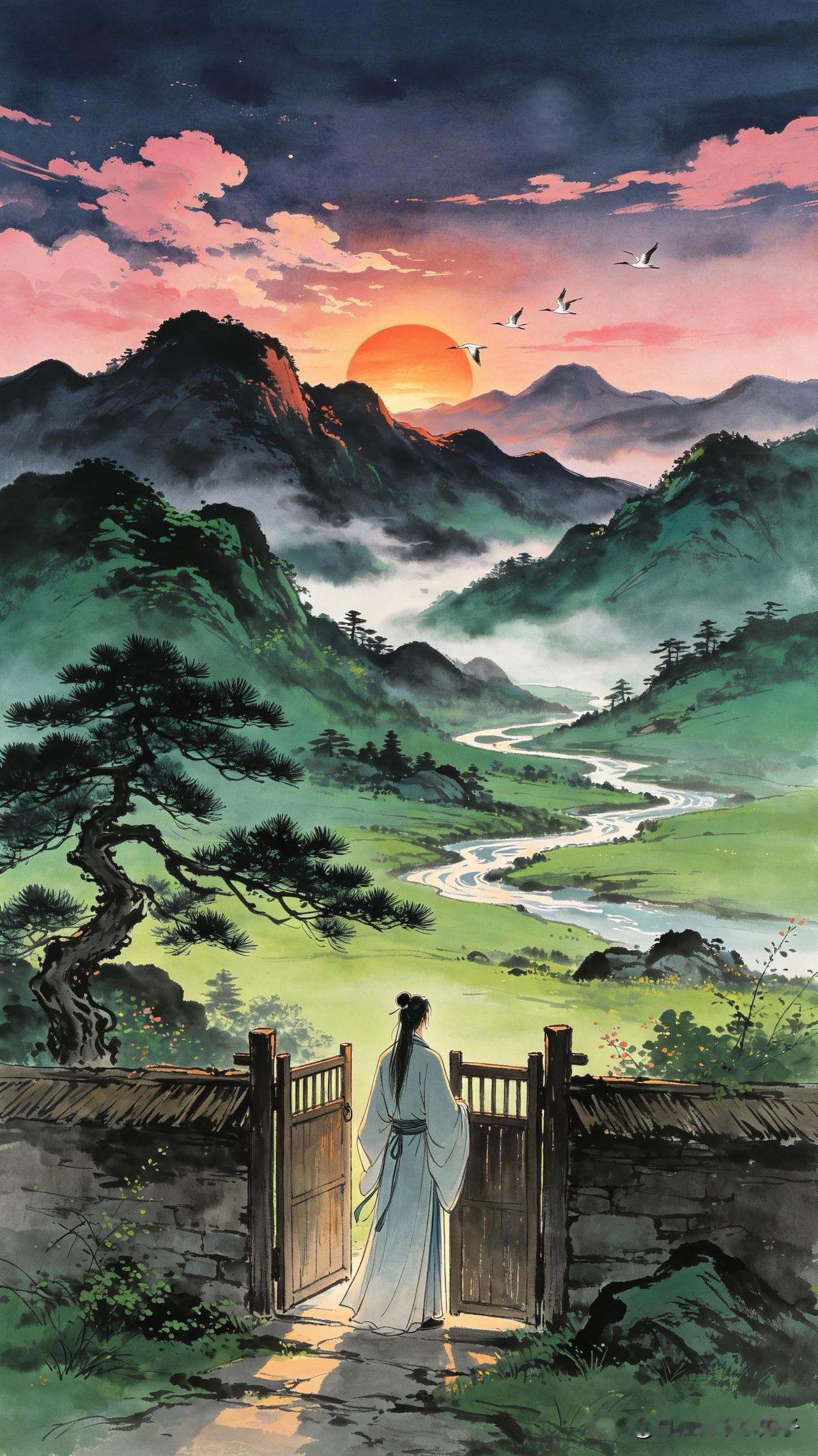 山衔夕照暮烟横，
岭度疏钟月渐明。
独倚柴门风露冷，
    
…………请师友续