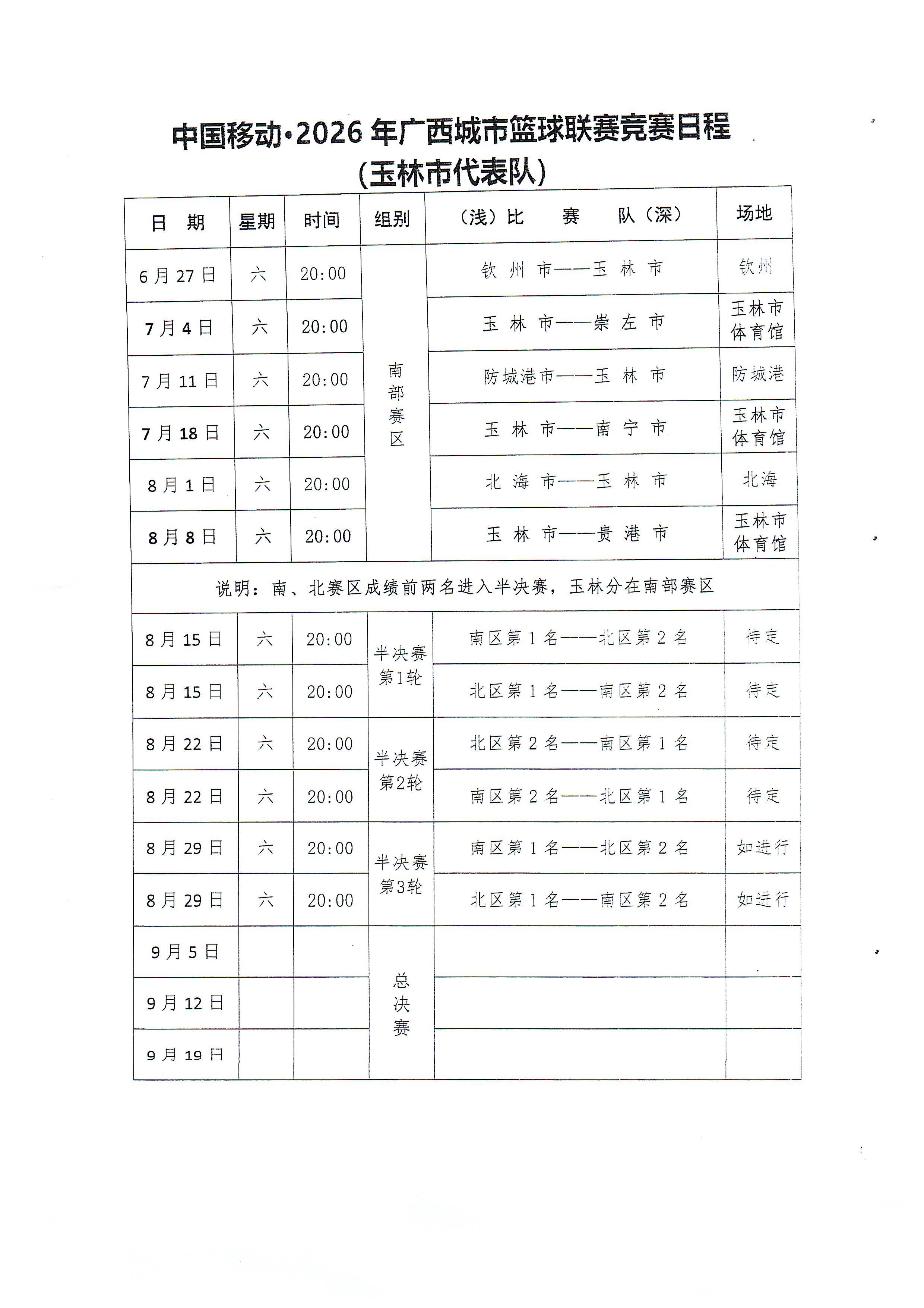 【2026桂BA玉林队赛程】2026年广西城市篮球联赛玉林队主场比赛赛程在玉林市