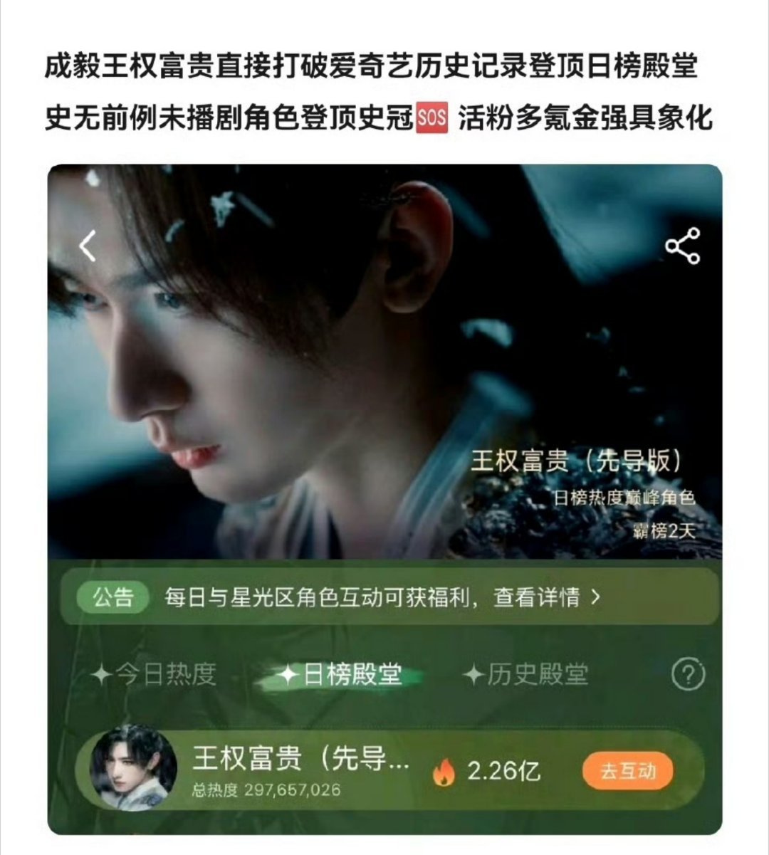 成毅王权富贵未播即打破爱奇艺历史记录单日破2亿 ​​​