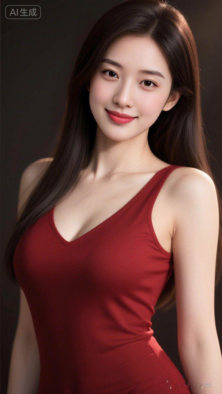 这位小姐姐穿着红色连衣裙，微笑着看镜头。