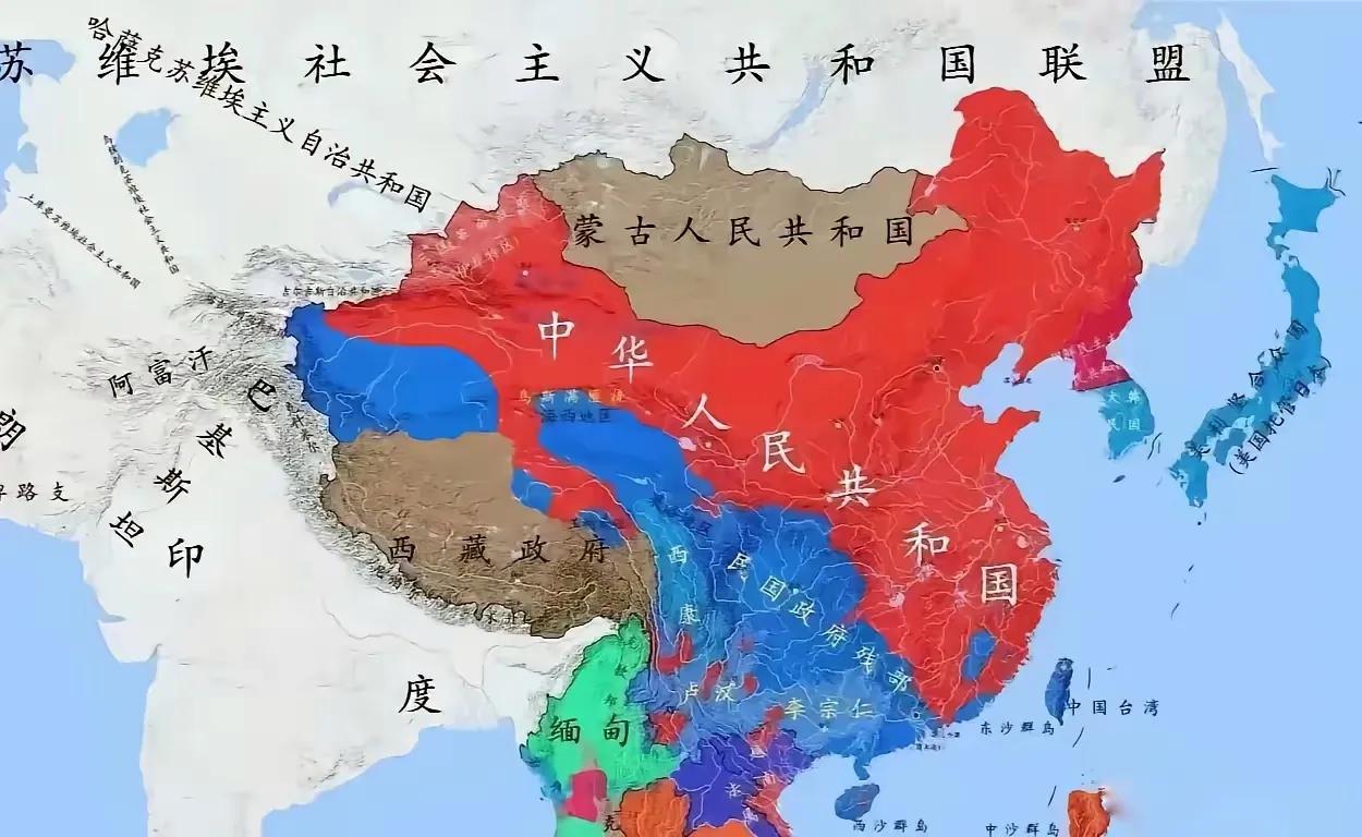 这是1949年10月新中国成立时，国共双方实控地区的分布图。怪不得当年新中国选首