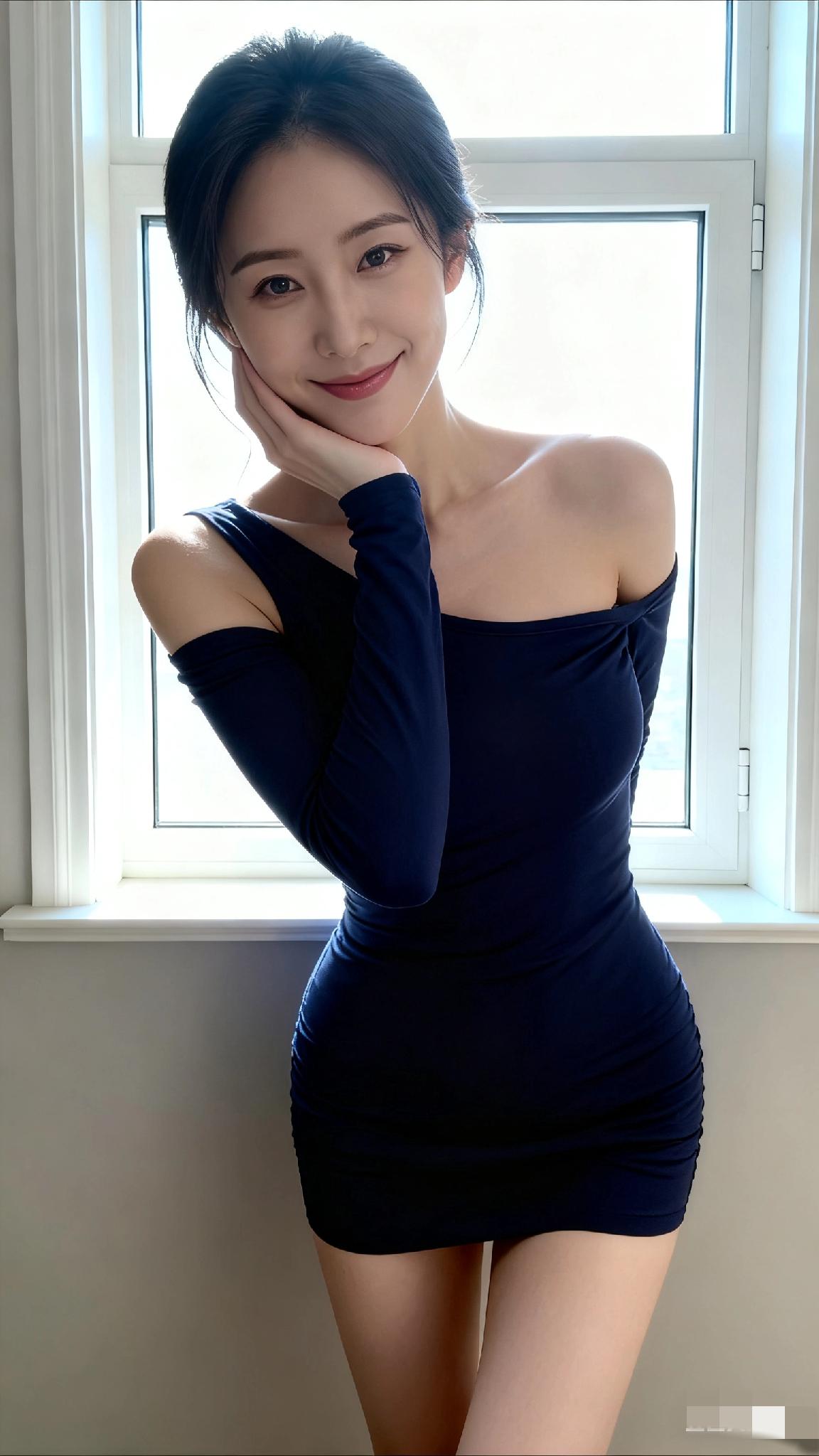 窗边少女，甜美微笑，优雅蓝裙，阳光明媚！