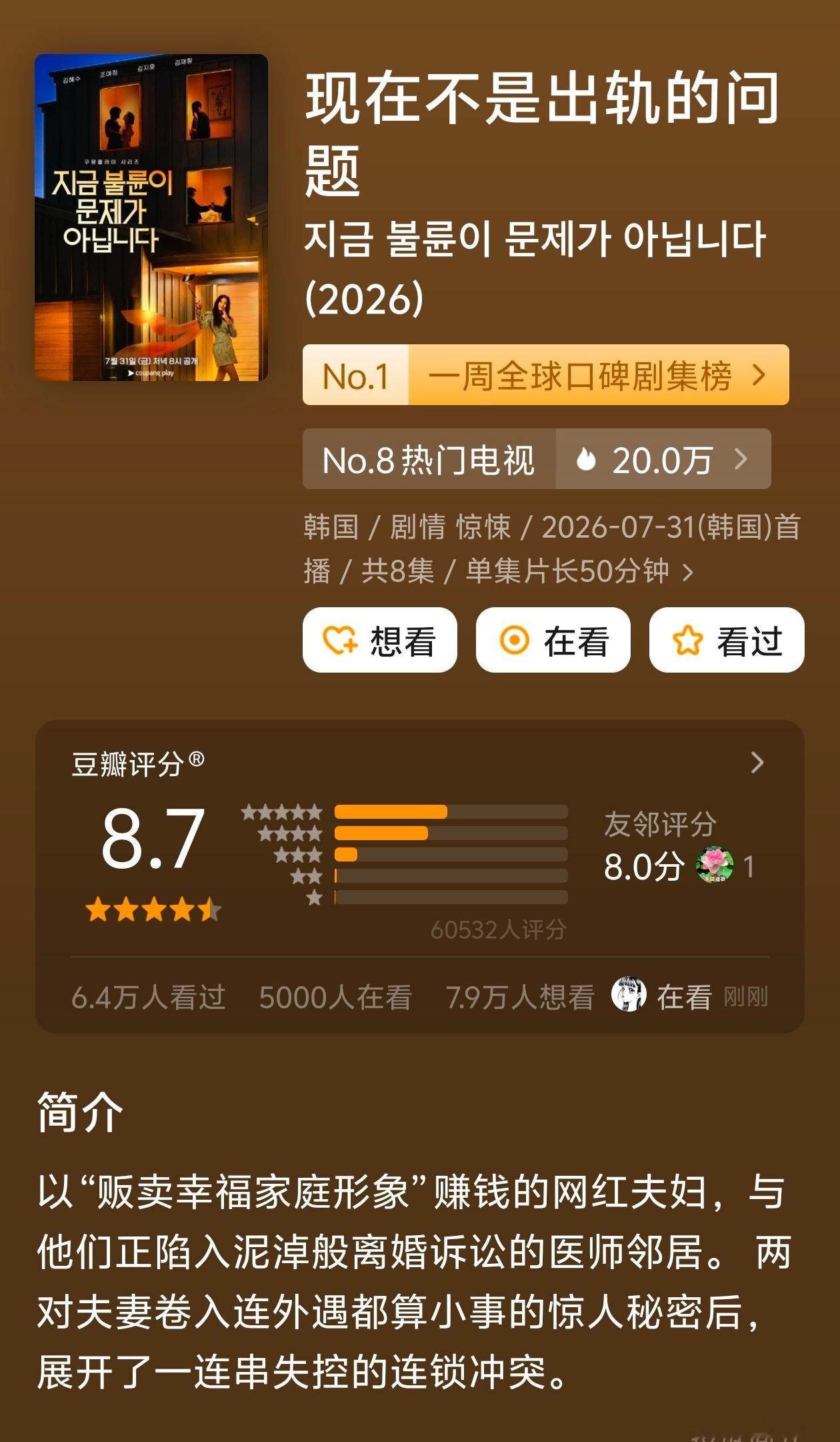 打算看一下韩剧《现在不是出轨的问题》，已经更新完了？据说很不错，待我品鉴一下。 