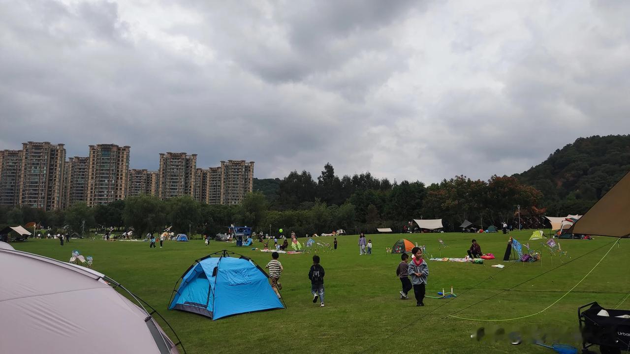 如今的周末，公园里草坪上到处都是搭帐篷悠然度假的年轻人群，儿童乐园里全是家长带着