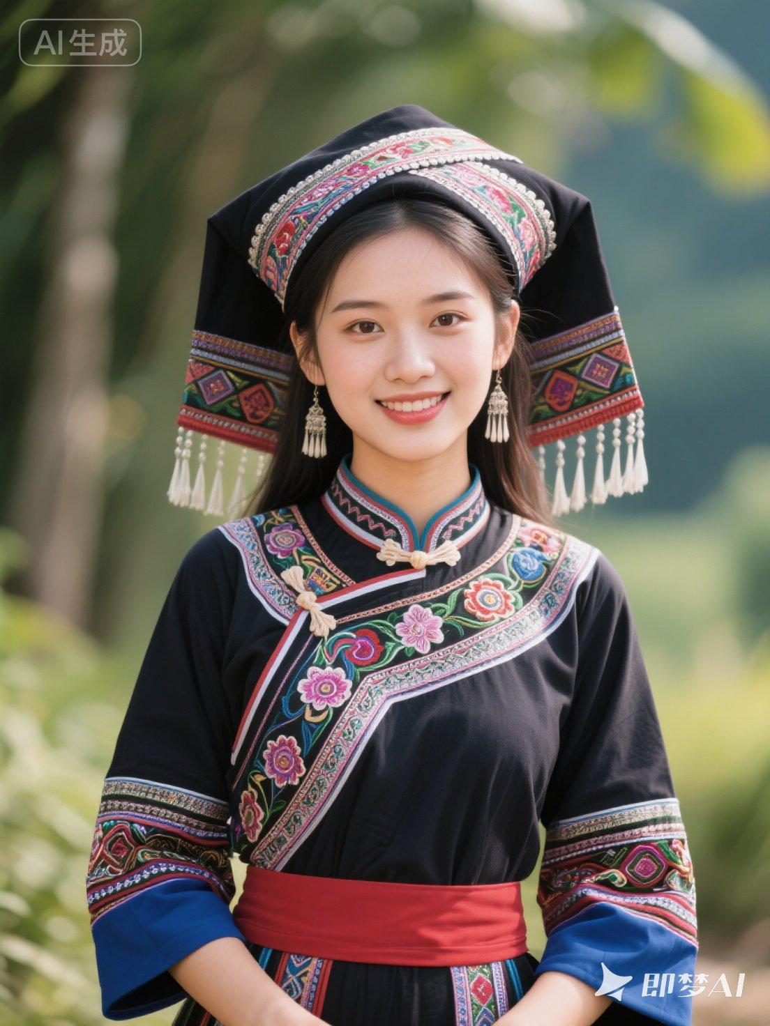 身着民族服饰的美丽姑娘，笑容灿烂，仿佛置身于自然之中。