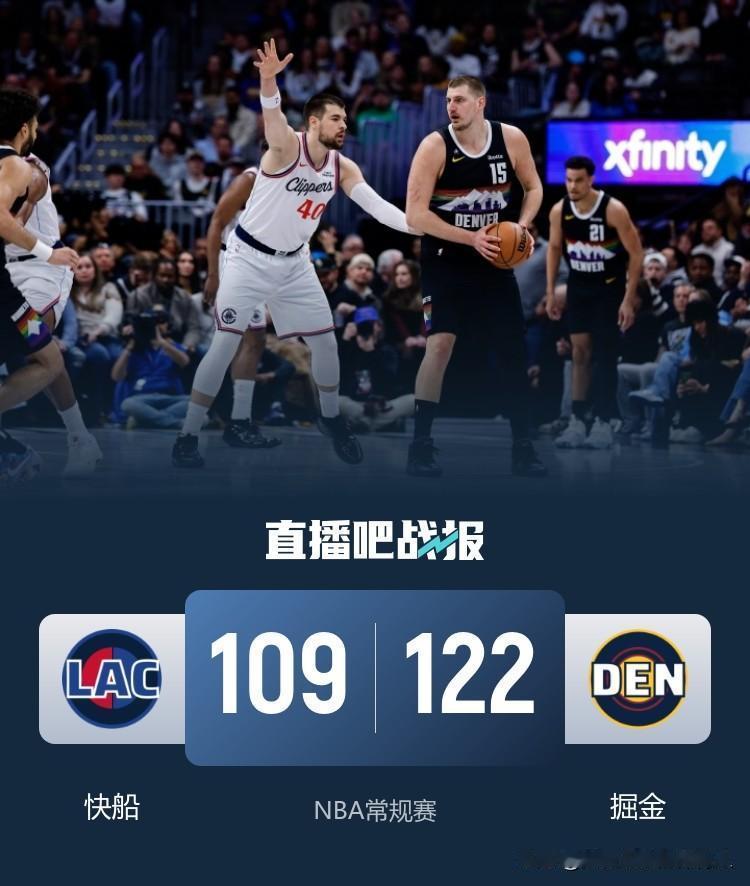 约基奇复出24分钟爆砍31分12篮板5助攻，掘金主场122:109力克快船，掘金