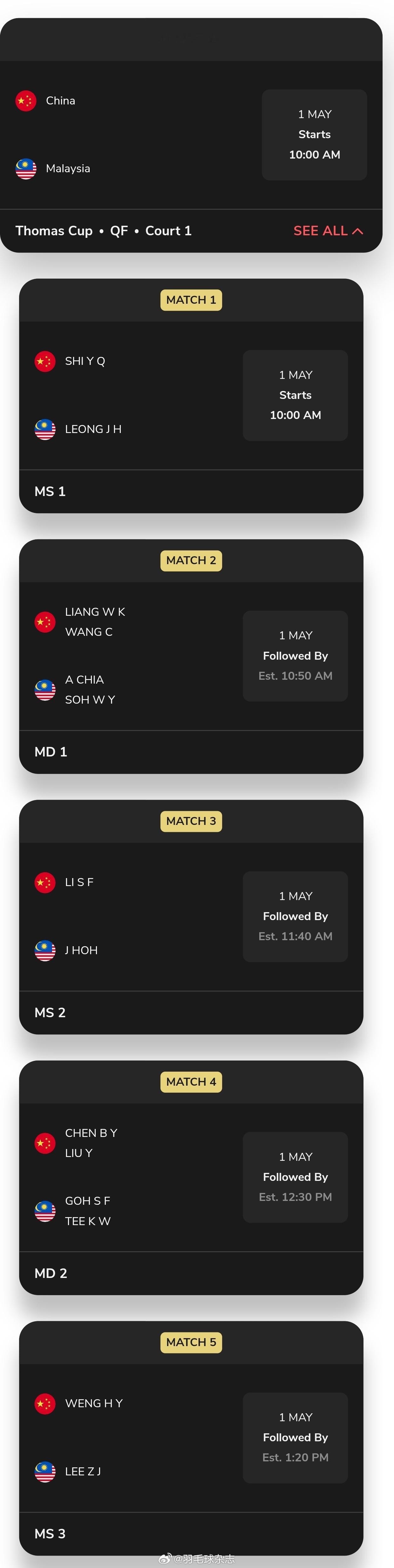 国羽汤杯八进四对马来西亚：石宇奇复出，对手双打再变阵北京时间5月1日16点，本届