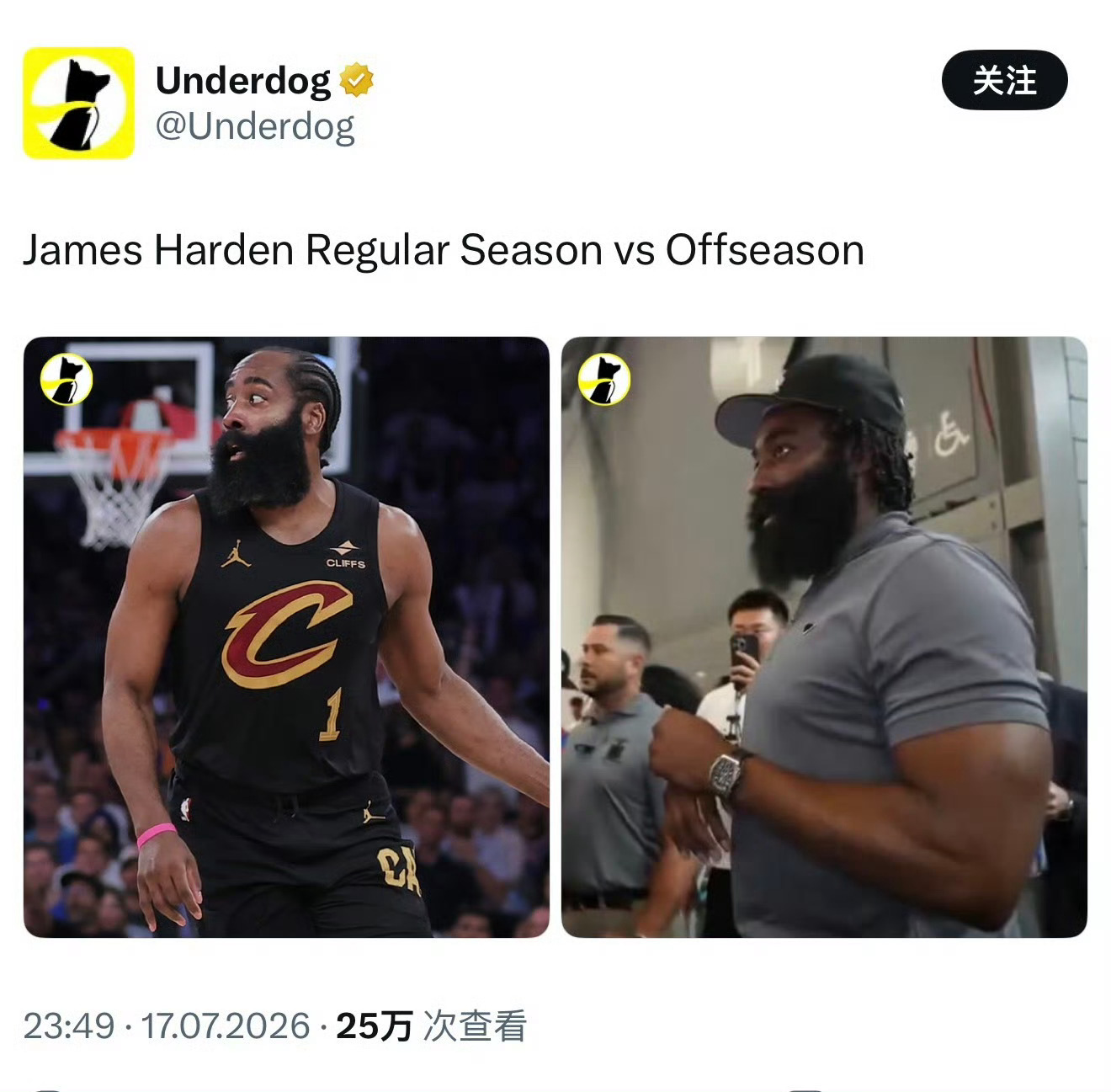 美媒晒图调侃：哈登常规赛形态vs休赛期形态😂😂😂 