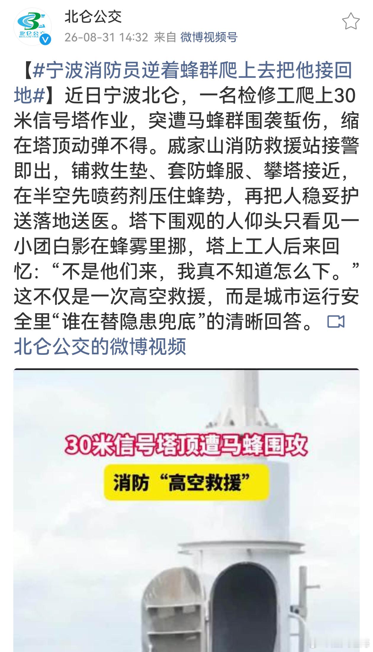 宁波消防员逆着蜂群爬上去把他接回地蜂雾之中逆行而上，危难时刻挺身而出，致敬平凡又