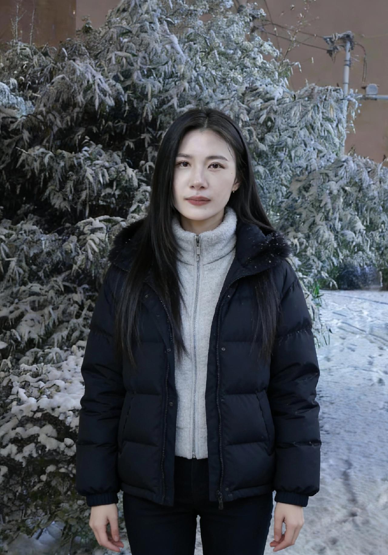 黑袄披霜立竹边，雪堆寒玉覆阶前。
清眸凝处浊世远，心与冰筠共皎然。