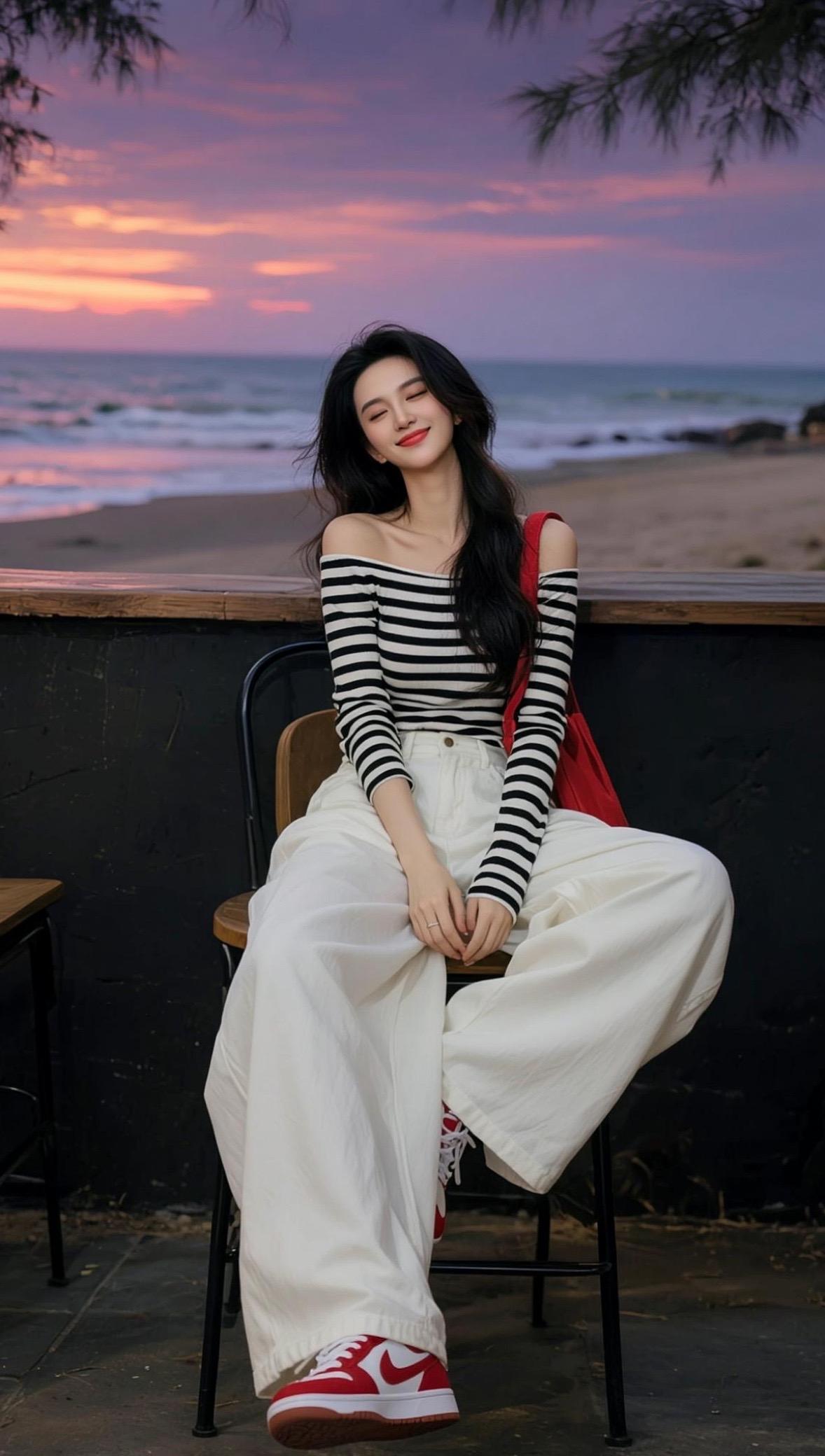 有运费险，推荐条纹一字肩AI海滨氛围感生活照 随变ai随便玩 露肩上衣搭配阔腿裤