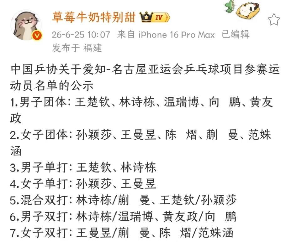 真是意外呀，
国乒亚运会名单出炉，
梁靖崑意外落选，
莎头组合再战亚运会，
男双