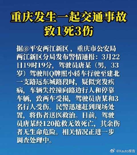 重庆发生一起交通事故致1死3伤3月22日，重庆江北一轿车因驾驶员突发疾病失控，撞