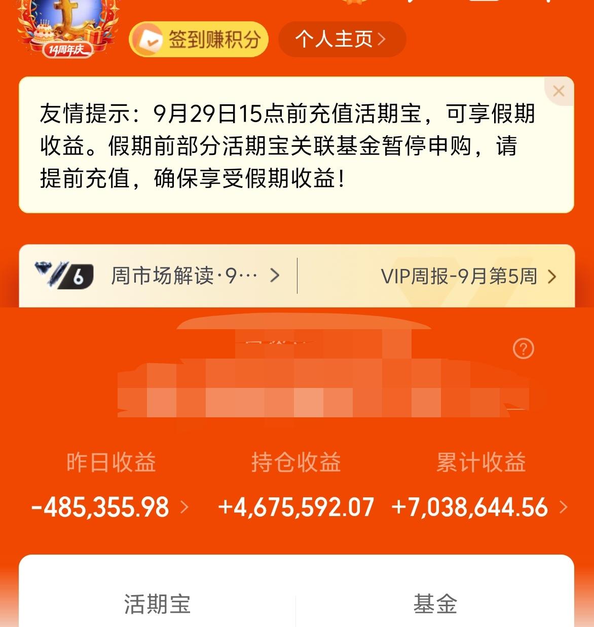 昨天基金大跌－48.5W，累计收益703W。
昨天的跌幅不少，但是损失却比我想象