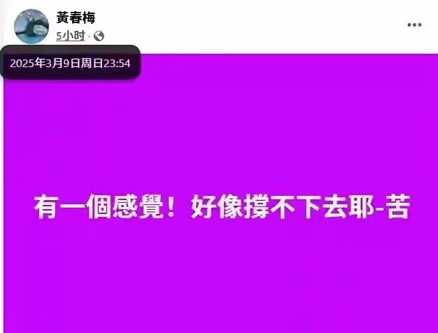 深夜，黄春梅再度发文，言语间满是难以承受的疲惫与痛苦：“有一种感觉，好像快撑不下