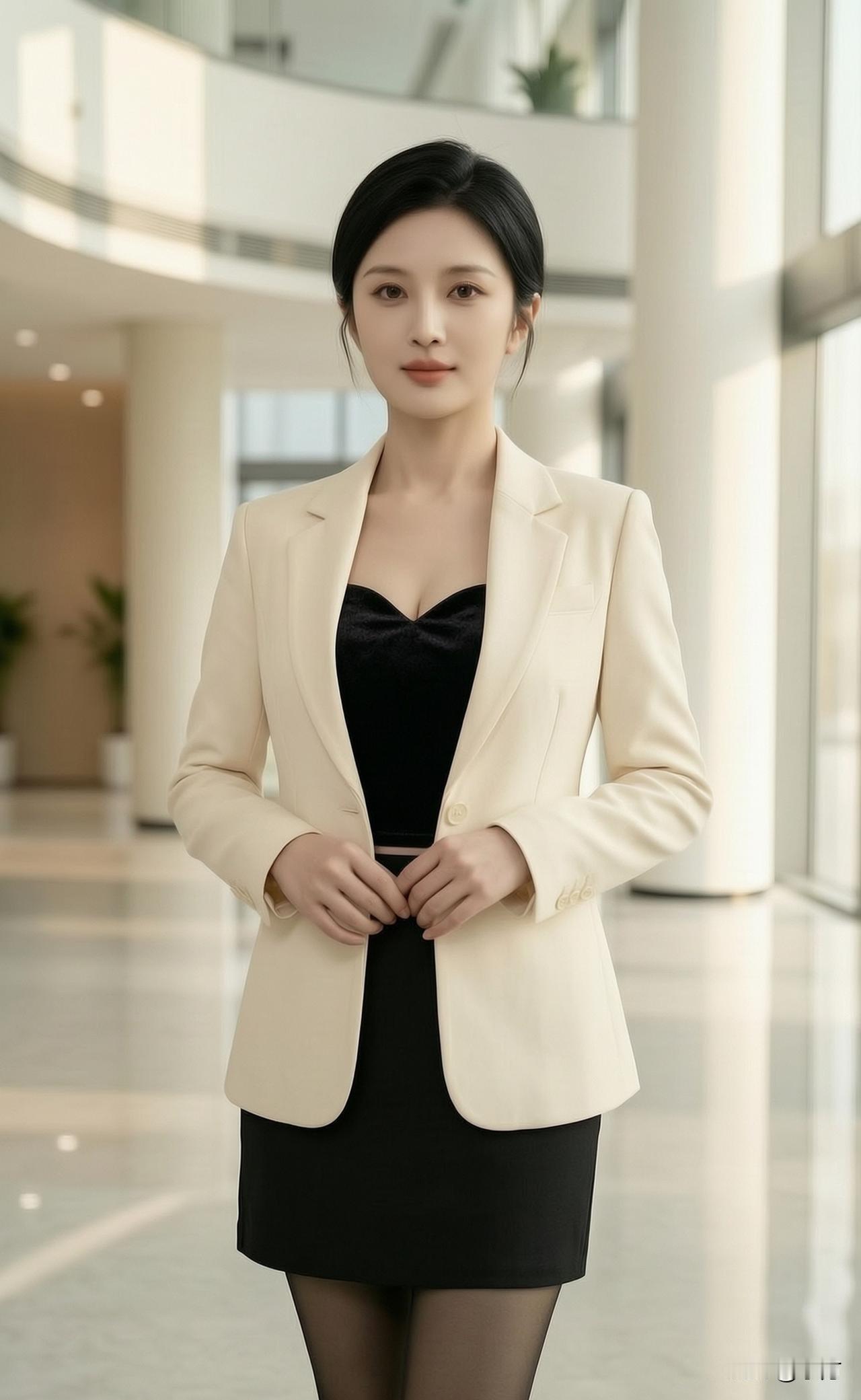 职场女性穿西装真的太飒了！浅棕色西装搭黑裙，气场瞬间就有了，把干练与温柔融合得恰