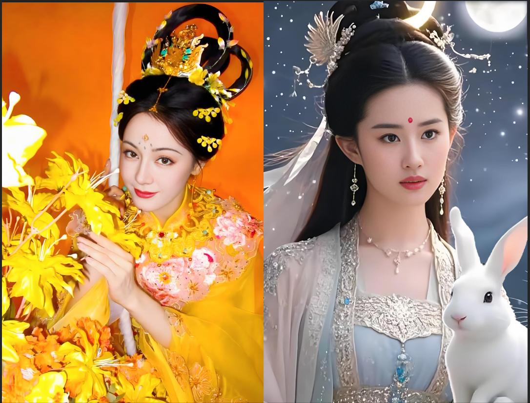 刘亦菲与迪丽热巴的嫦娥扮相，你更喜欢哪个？个人觉得二人风格迥异却各有韵味，实在有