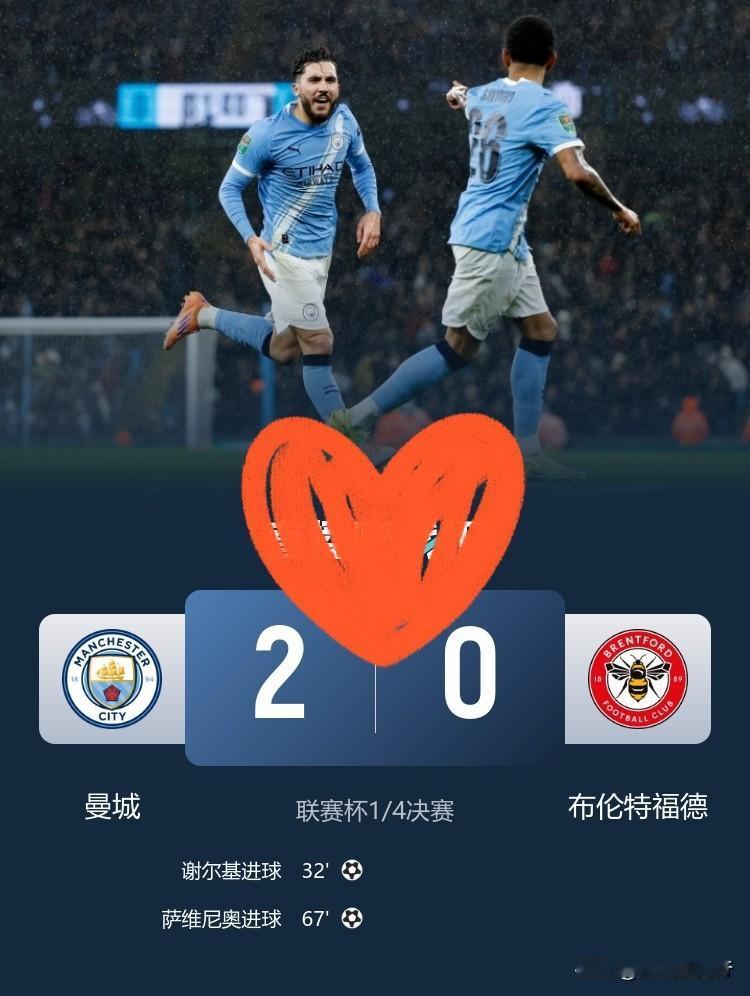 曼城步入正轨！联赛杯轻取布伦特福德挺进四强，各项赛事豪取六连胜！

联赛杯1/4