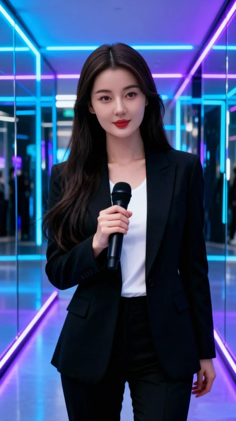 自信的职场女性，手持麦克风，站在霓虹灯闪烁的走廊中，散发着无限魅力！💄✨
