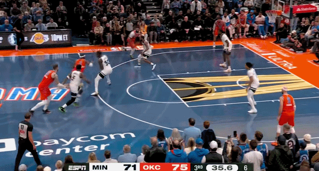 亚历山大！三节结束前再次单打兰德尔中投打进！雷霆面前众生平等森林狼vs雷霆雷霆