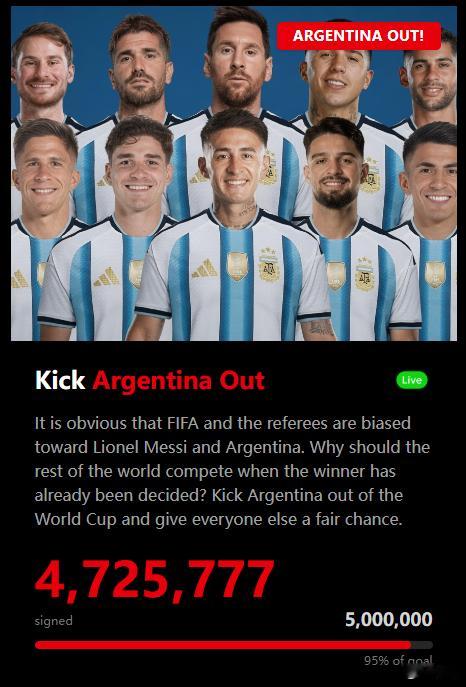 超250万人请愿将阿根廷逐出世界杯 argentinaout.com 网站的目标
