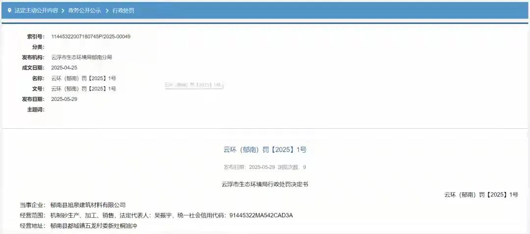 广东郁南县一家建筑材料公司被罚款4万元。原因是该公司在机制砂生产过程中，传输石粉
