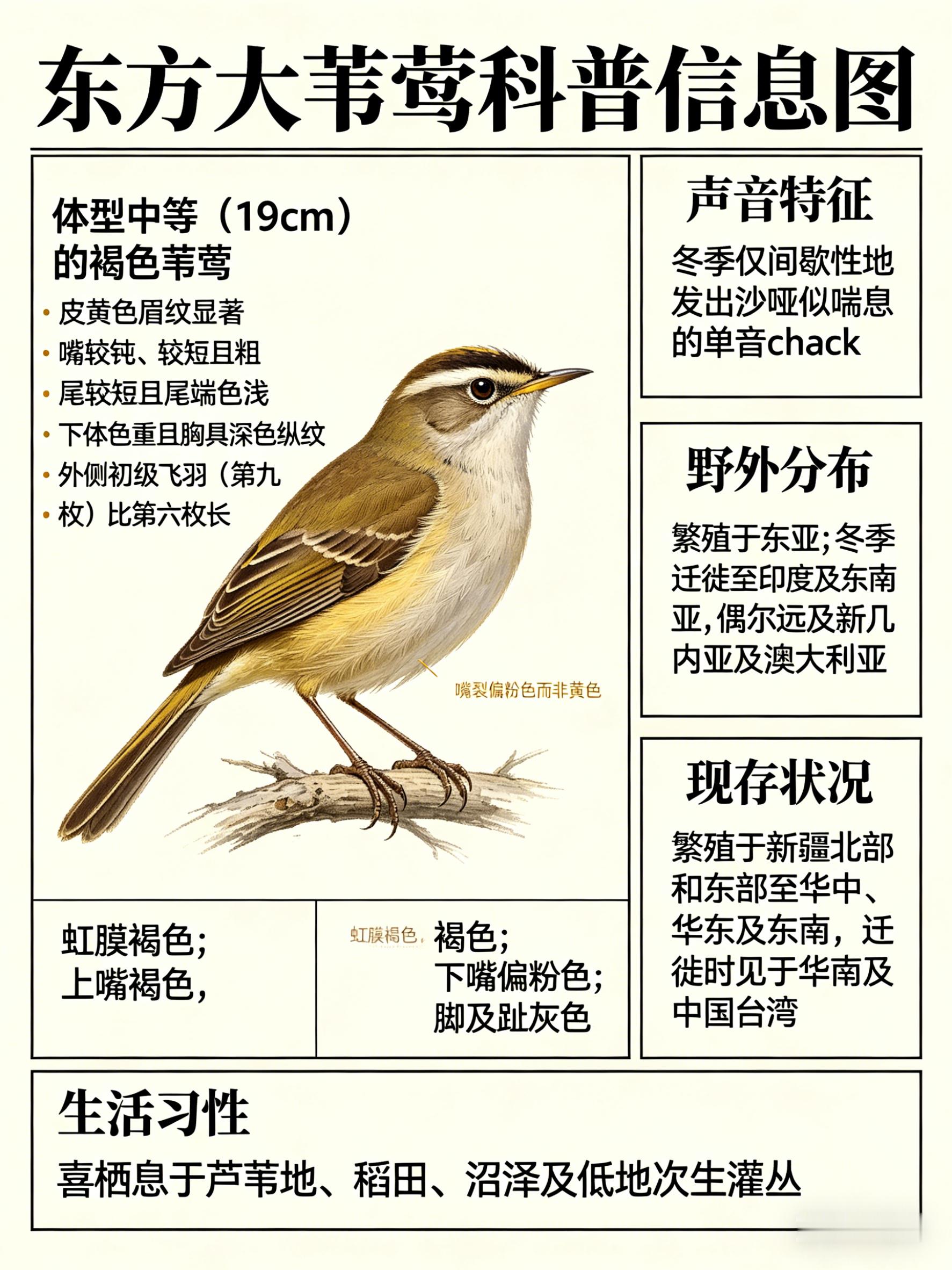 鸟类朋友图鉴 东方大苇莺·科属：雀形目，莺科。·外形特征：体型中等（19cm）的