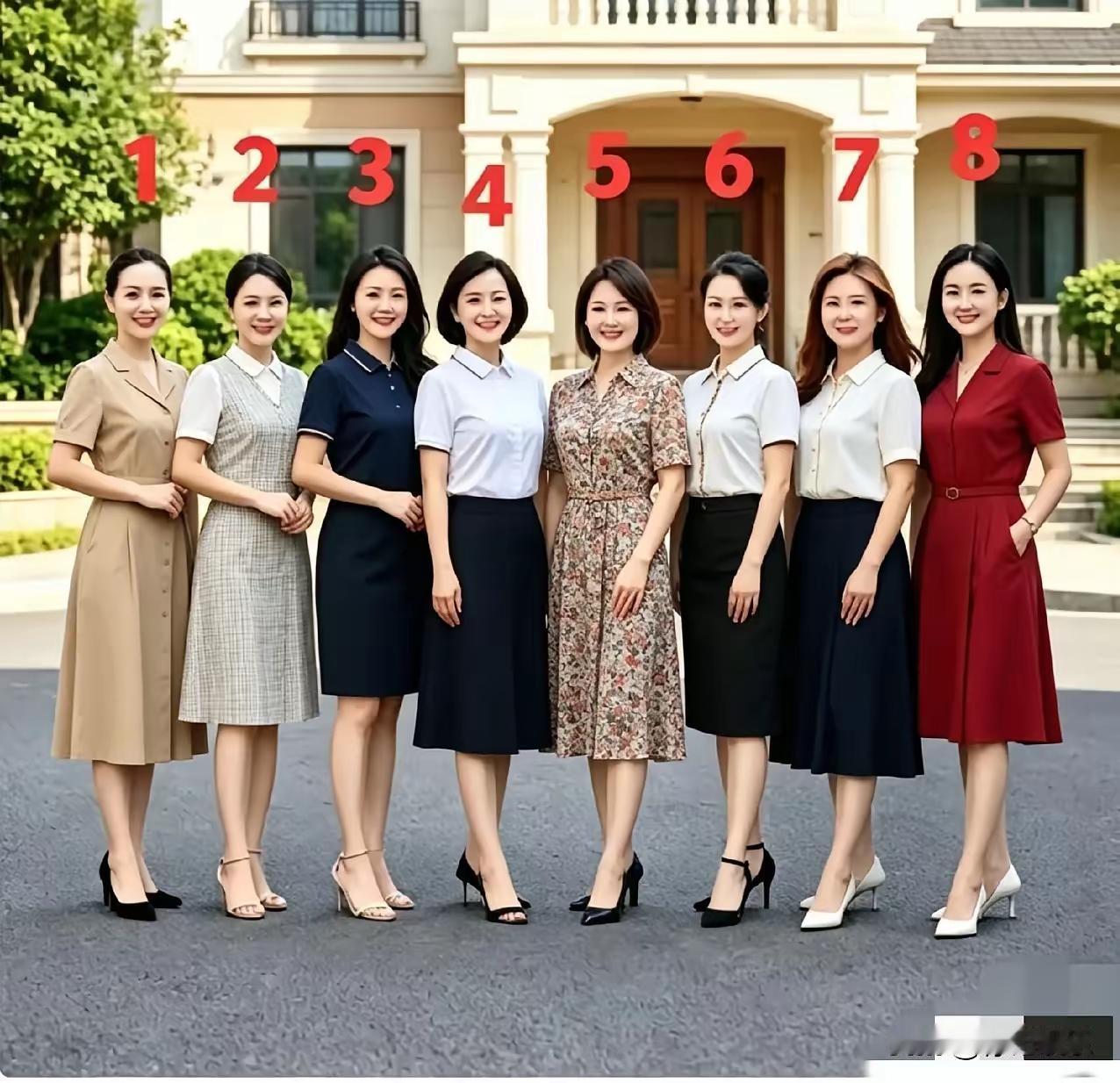 8个个都是花容月貌的大美女，漂亮程度一致，身材苗条端庄一致，穿衣朴素大方一致， 