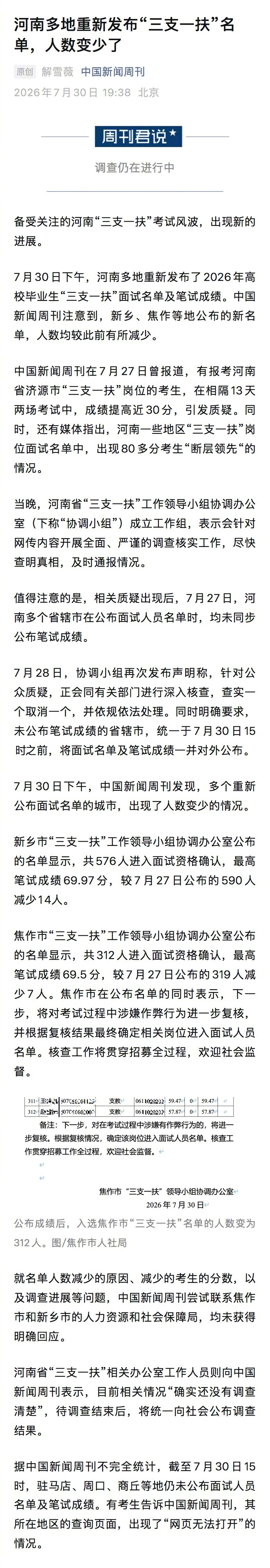 【河南多地重发三支一扶名单人数变少】新乡焦作三支一扶成绩最高未超70分备受关注的