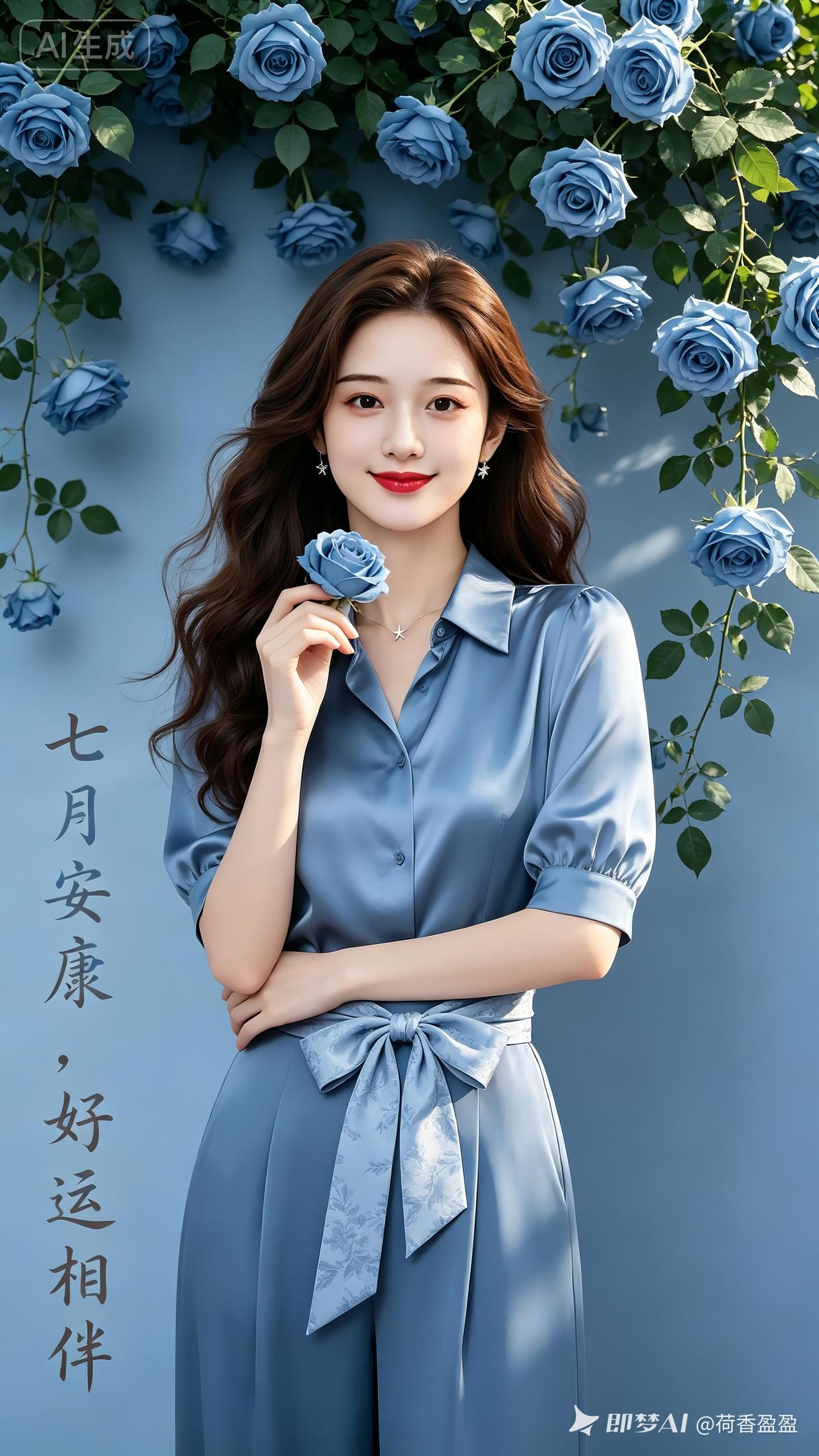 鹅蛋脸少女身着雾霾蓝缎面套装，手握蓝玫瑰悠然伫立，暖调侧逆光轻柔洒落。蓝玫瑰花藤