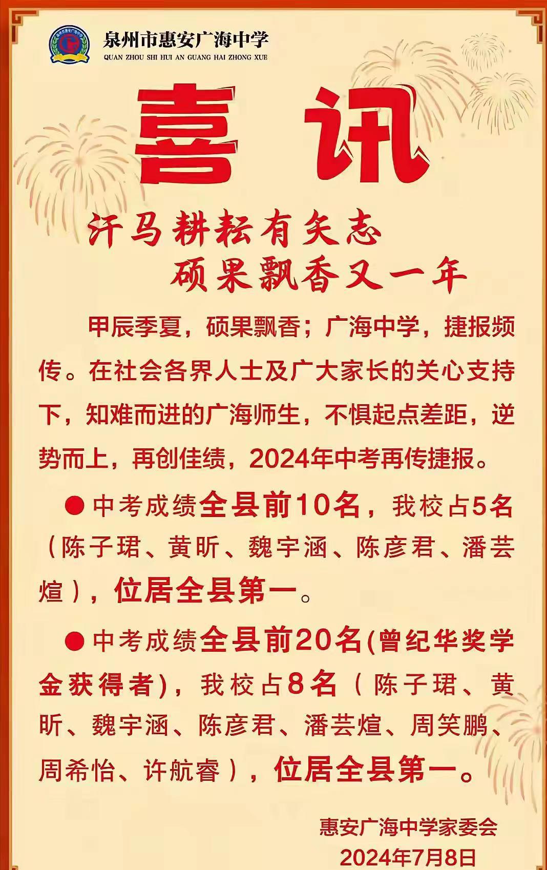 泉州市惠安广海中学
喜 讯
汗马耕耘有矢志硕果飘香又一年
甲辰季夏，硕果飘香;广