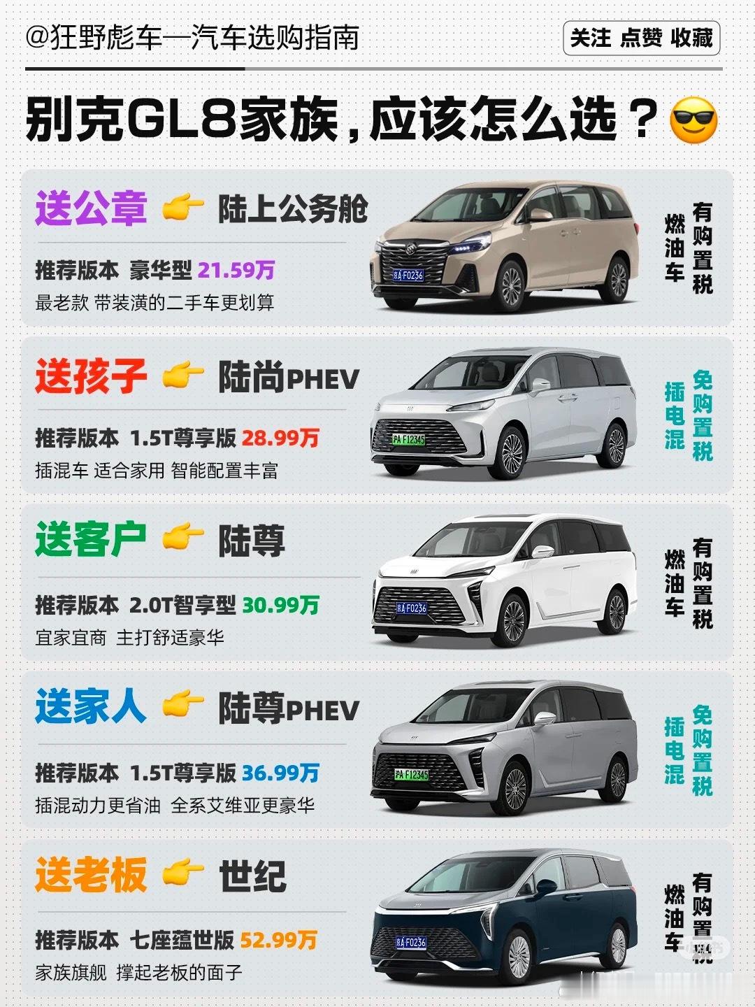 别克GL8家族非常庞大，目前市面上主要就是这五款： 陆上公务舱：这是最老的版本，