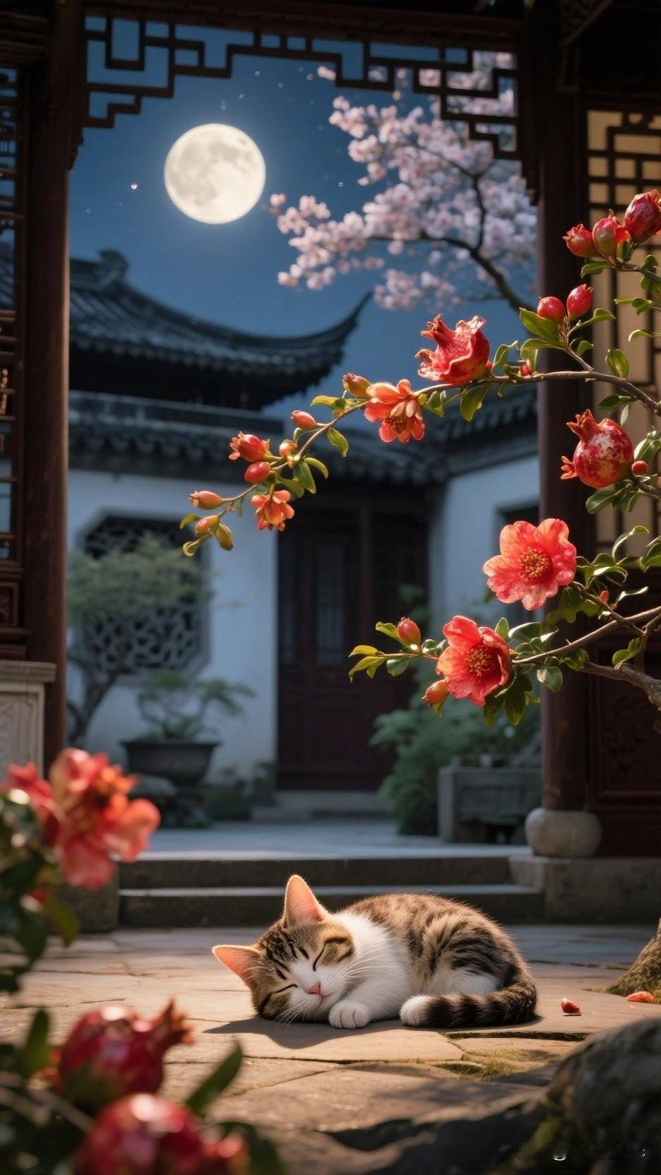 《春庭夜寐》
 
夜色轻笼曲径斜，小庭芳树隐人家。
粉桃初绽三分白，丹萼新开一径