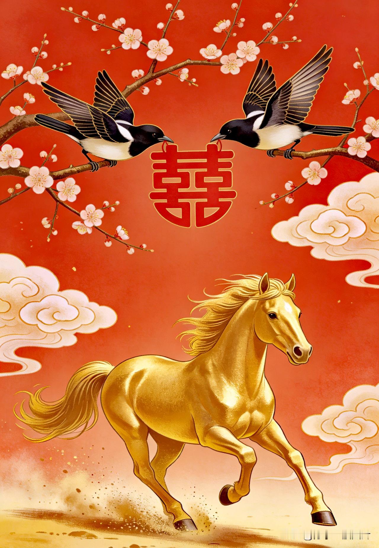 双鹊报喜声声脆，
金马迎春步步赢。