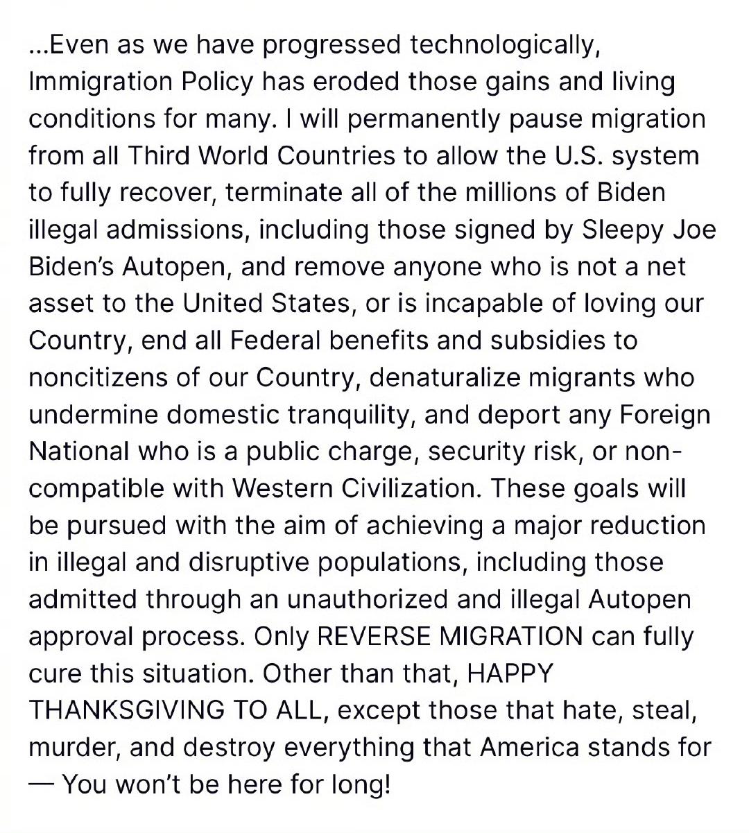 突发！特朗普在自己的社交平台账号上发文宣布：将永久暂停来自所有“第三世界国家”的